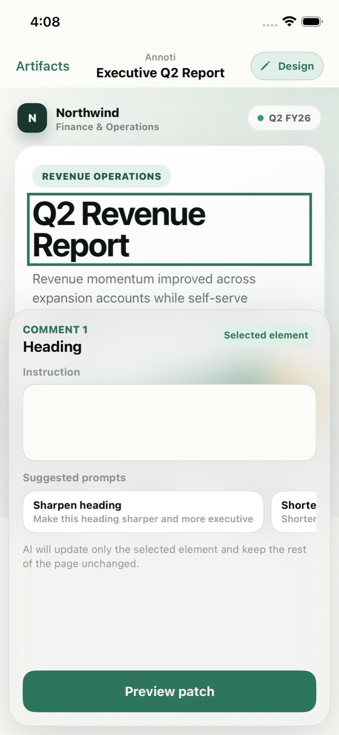 A heading selected with the annotation panel open